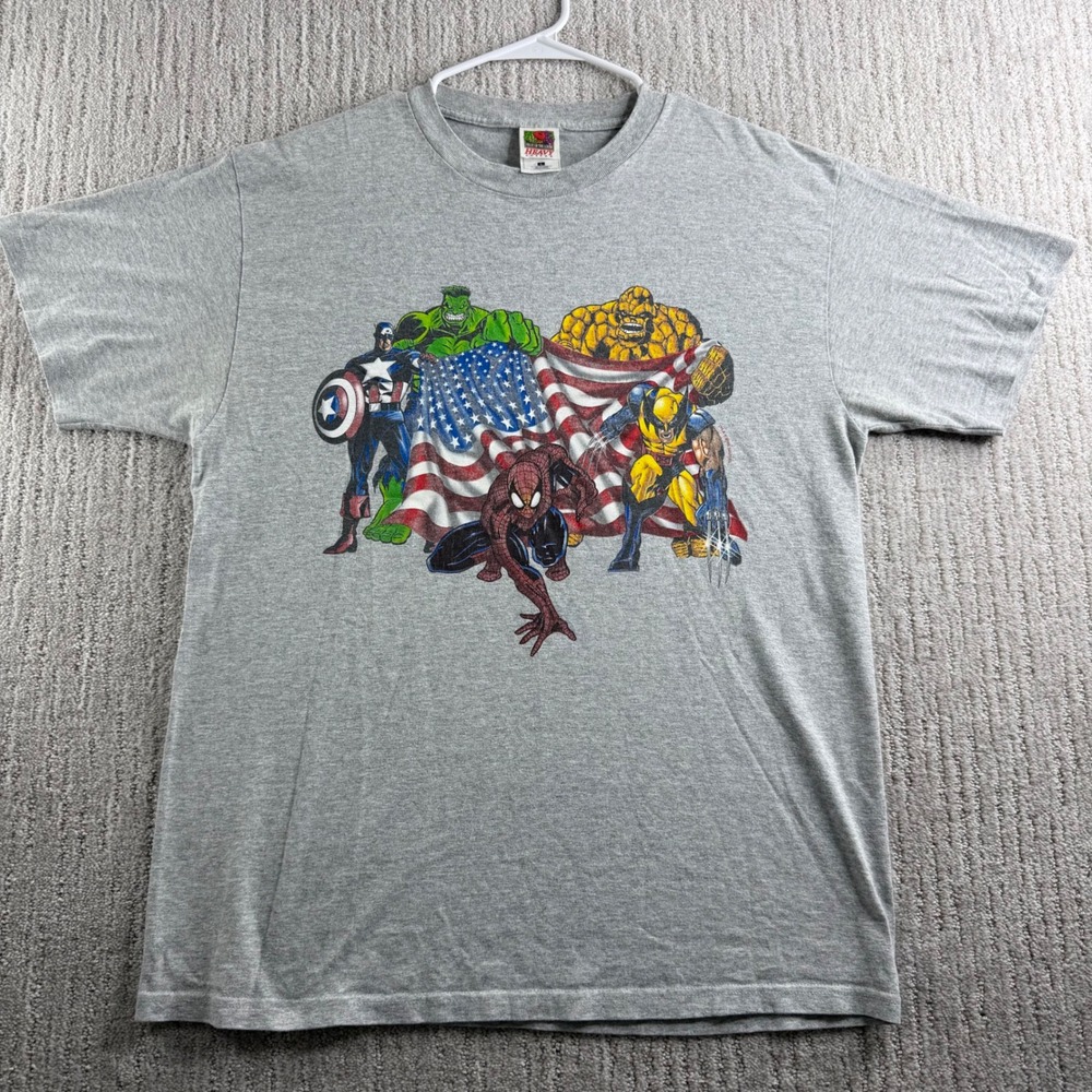 VTG Marvel Comics Avengers American Flag Graphic T-Shirt Mens Size L Gray 2001
